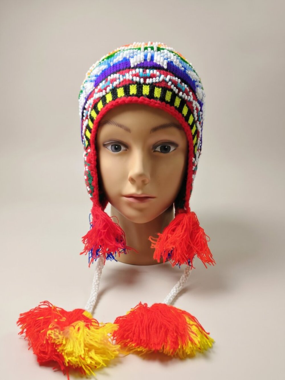 Hand-Knitted Andean Chullo Hat with Multicolor Seed Bead Embroidery and Pom-poms